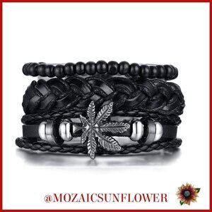 3 PC SET SILVER AND GUN METAL LEAF HANDMADE ADJUSTABLE WRISTBAND BLACK NWT